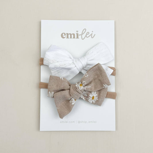 Nylon Stretchy Bow Headband Set - Stitched White/Neu Daisy