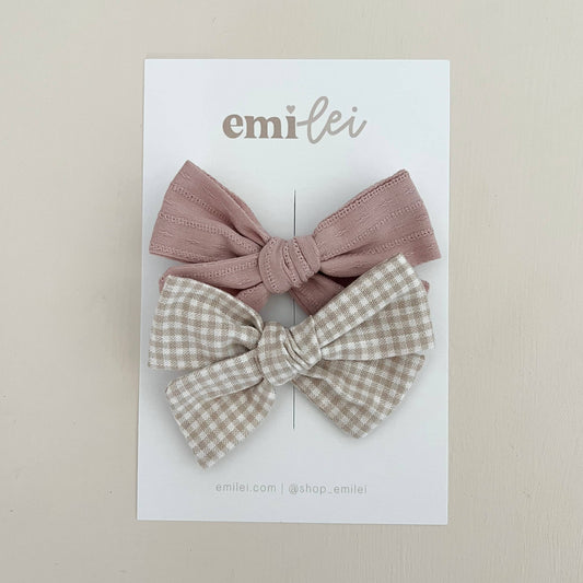 Alligator Clip Bow Set - Mauve & Taupe