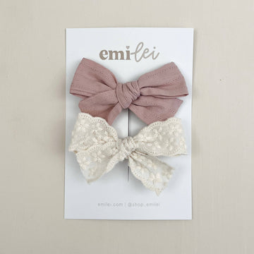 Alligator Clip Bow Set - Textured Mauve & Linen Lace