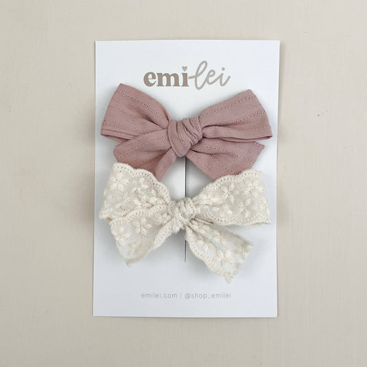 Alligator Clip Bow Set - Textured Mauve & Linen Lace