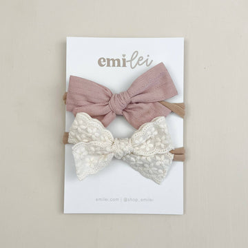 Stretchy Bow Headband Set - Textured Mauve & Linen Set of 2