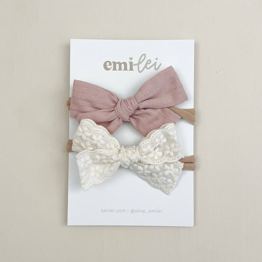 Stretchy Bow Headband Set - Textured Mauve & Linen Set of 2