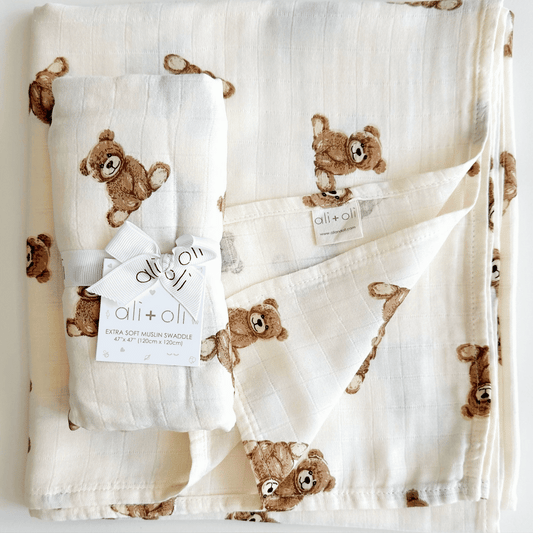 Bamboo Muslin Swaddle Baby Blanket (Teddy Bear)