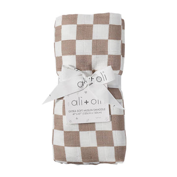 Bamboo Muslin Swaddle Blanket (Mocha Checkers)