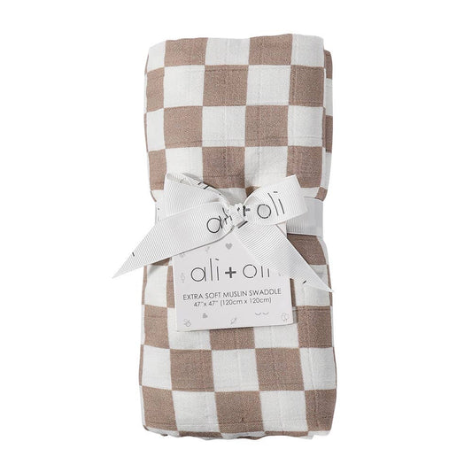 Bamboo Muslin Swaddle Blanket (Mocha Checkers)