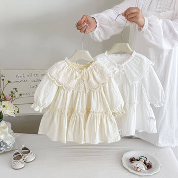 Baby Girl Lace Collar Puff Sleeves Dress White