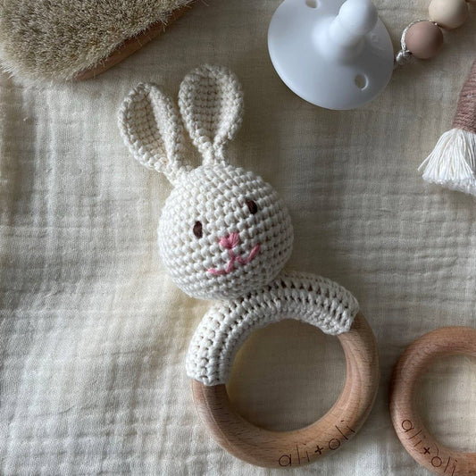 Baby Teething Toy Rattle Wood Ring Crochet (Bunny) Easter