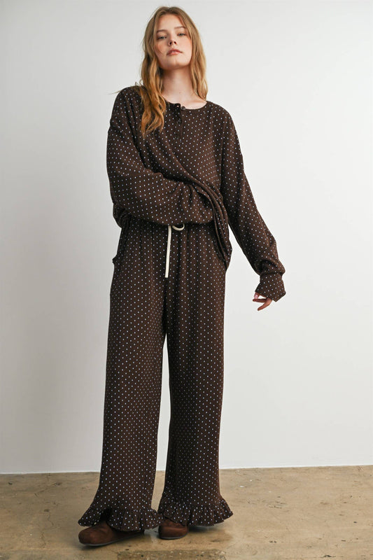 Ruffle Trim Polka Dot Wide Leg Trousers